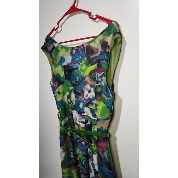 Vintage 80s Danny & Nicole Psychedelic Floral Cocktail Dress Size 10 Green Belt - Picture 2 of 15